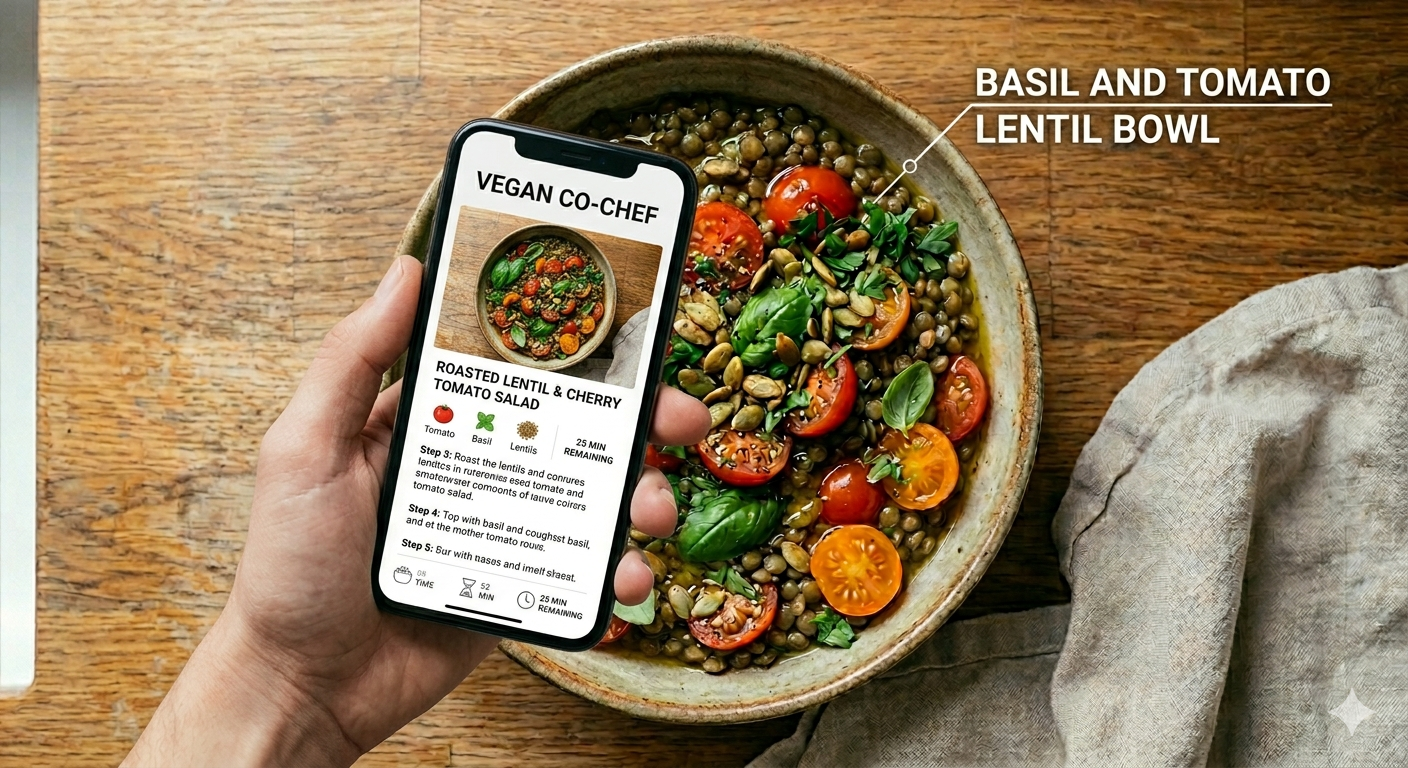 Phone displaying a Vegan Co-chef recipe alongside the finished dish — Basil and Tomato Lentil Bowl