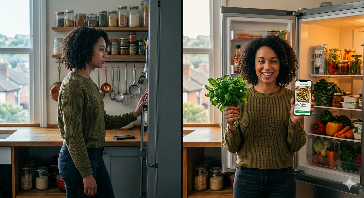 Split panel: Before showing a woman staring at a closed fridge looking uncertain. After showing the same woman smiling and holding fresh basil and the Vegan Co-chef app with a full open fridge.